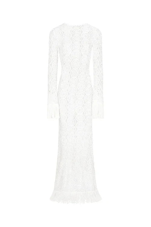 White Crochet Fringe Maxi Dress
