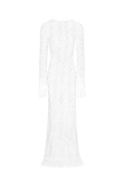 White Crochet Fringe Maxi Dress
