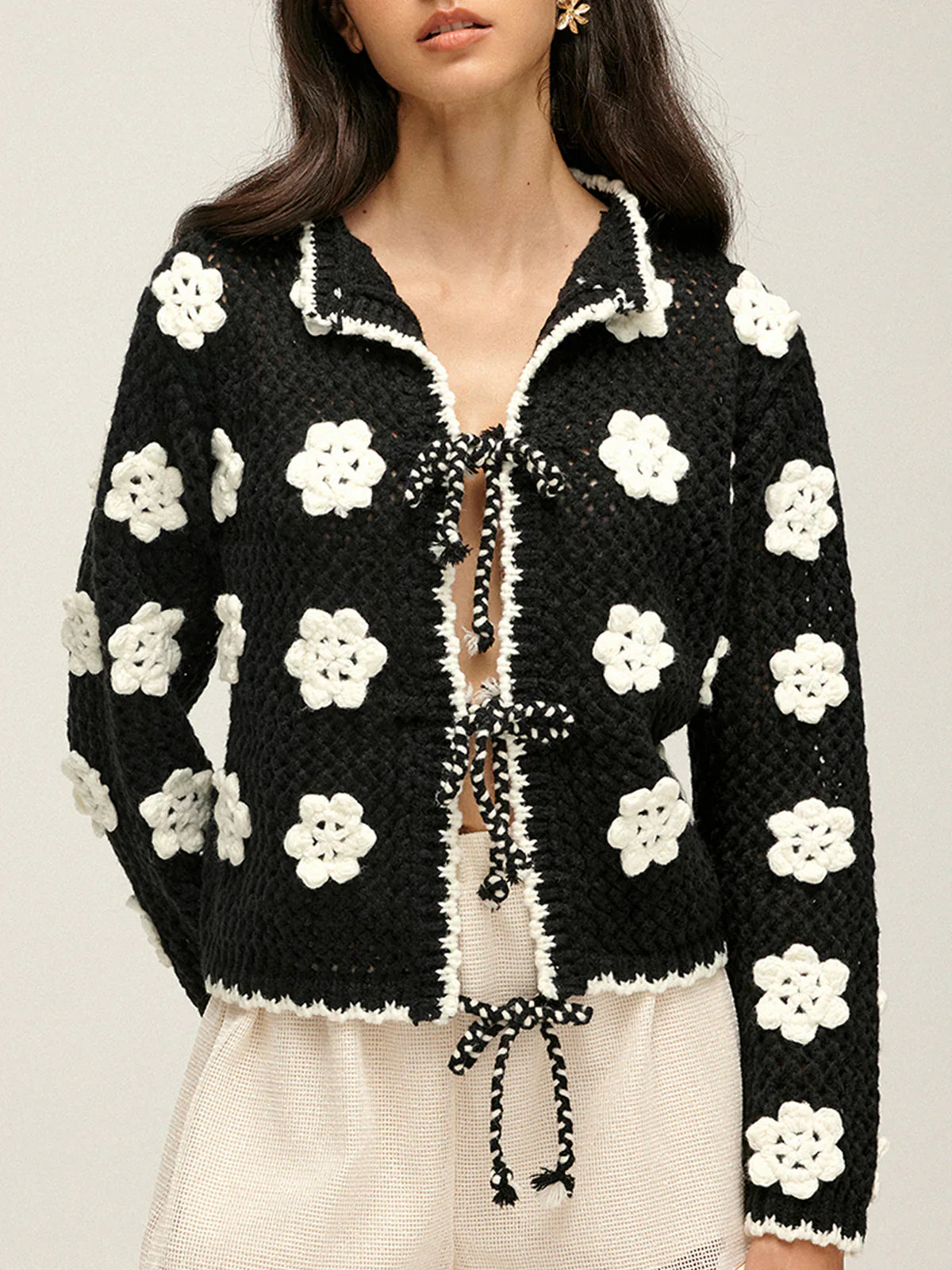Floral Embroidered Lace Up Cardigan