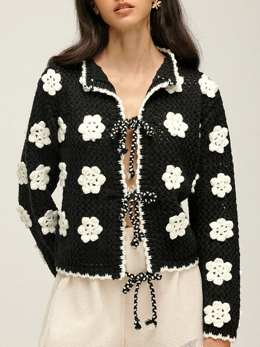 Floral Embroidered Lace Up Cardigan