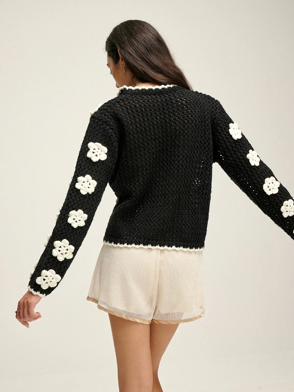 Floral Embroidered Lace Up Cardigan